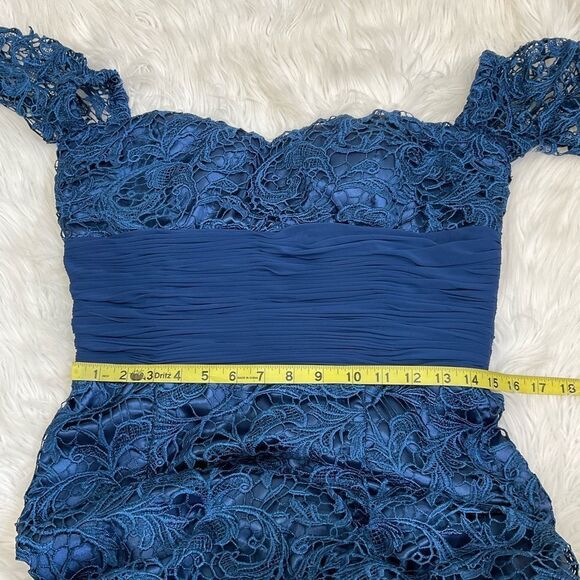 Julie Polanco Blue Floral Lace Off Shoulder Sweetheart Neck Evening Maxi Gown M - Picture 9 of 11
